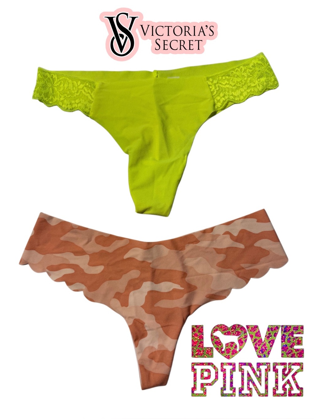 Victoria's Secret PINK Neon Green & Camo Invisible Thong Panty Bundle S/M